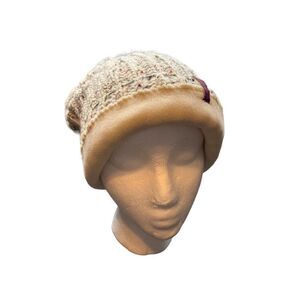 Bula Knitted Beanie Hat With Fleece Lining Made In Canada Beige With Colorful Sp